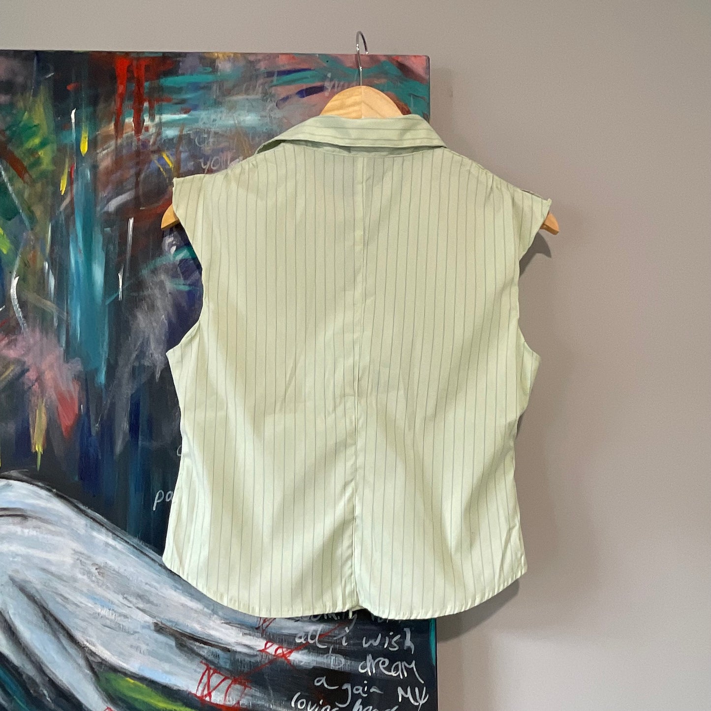 VINTAGE 90s CLASSIC PIN-STRIP FITTED BLOUSE ZIP DETAIL IN STUNNING GREEN