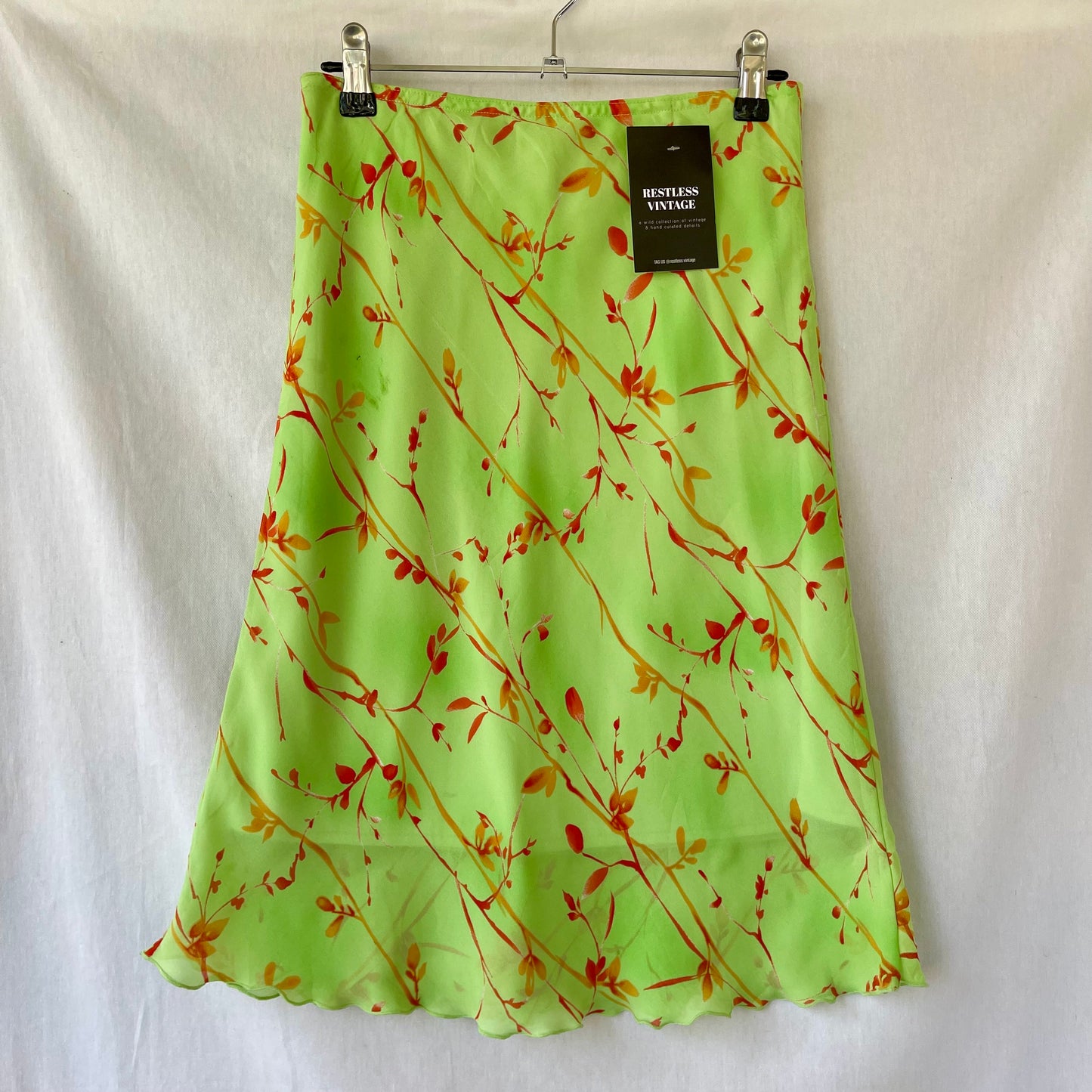 VINTAGE Y2K FLORAL LIME GREEN LOWRISE MIDI SKIRT