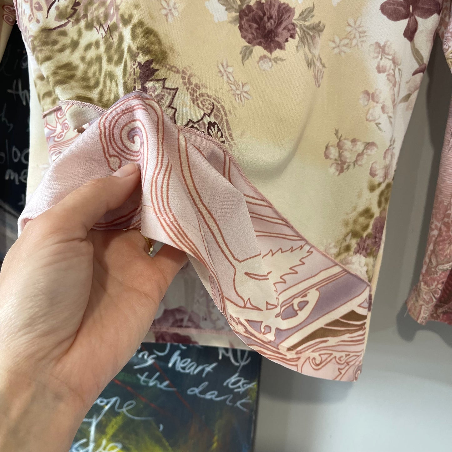 VINTAGE Y2K PINK FLORAL PATCHWORK STYLE LONG SLEEVE TOP
