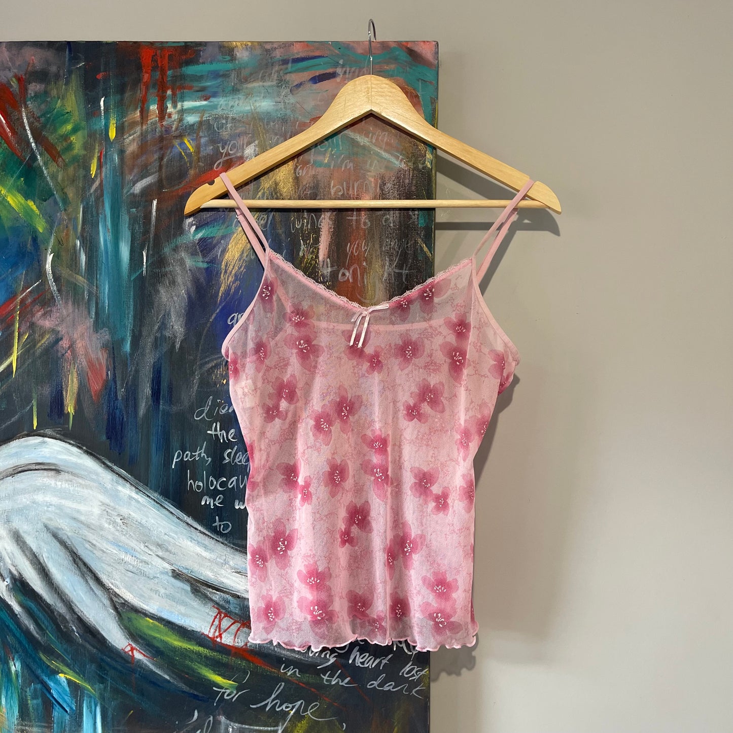 VINTAGE Y2K PINK FLORAL MESH SINGLET TANK