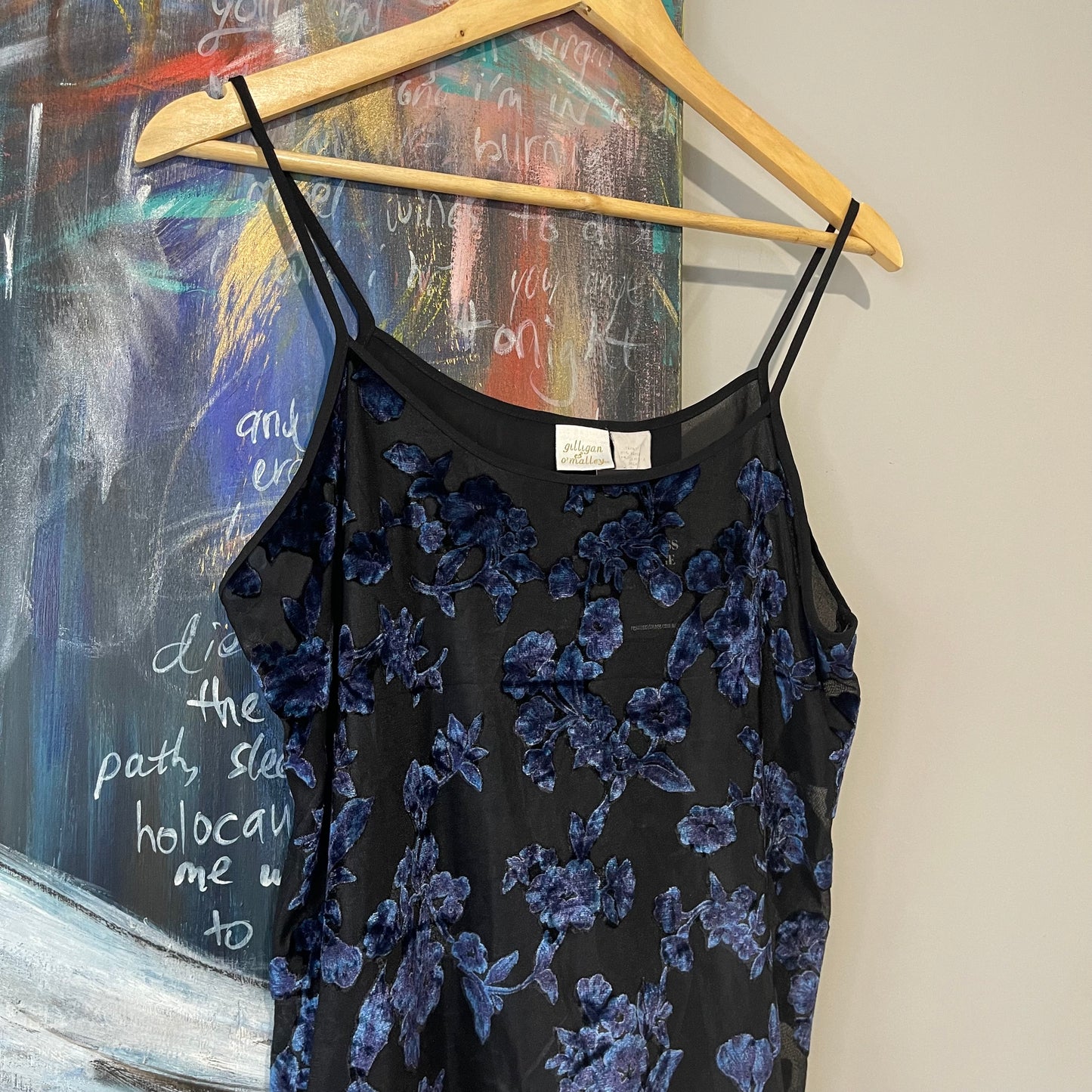 VINTAGE 90s SHEER BLACK CAMI WITH VELVET FLORAL METALIC FLOWERS