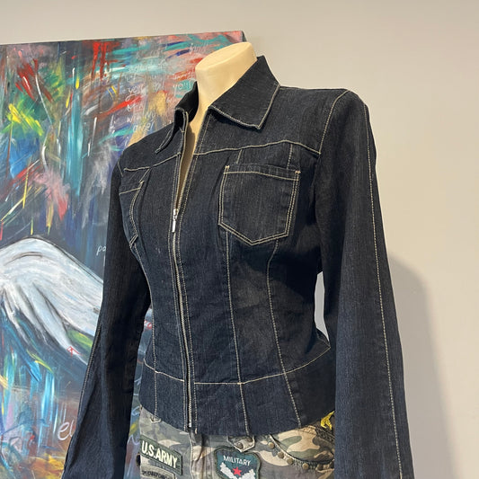 VINTAGE 90s ANCHOR BLUE DARK DENIN FITTED ZIP JACKET
