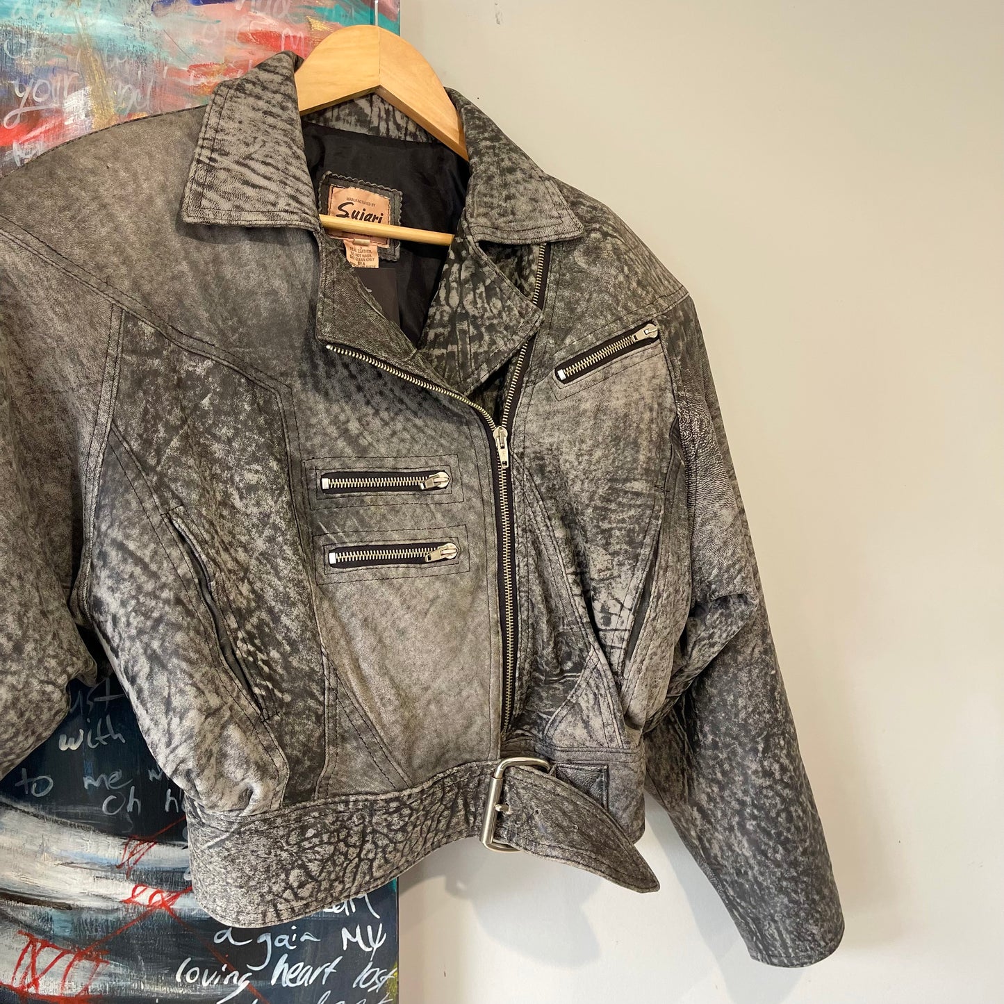 VINTAGE 80S GREY CROPPED LEATHER JACKET