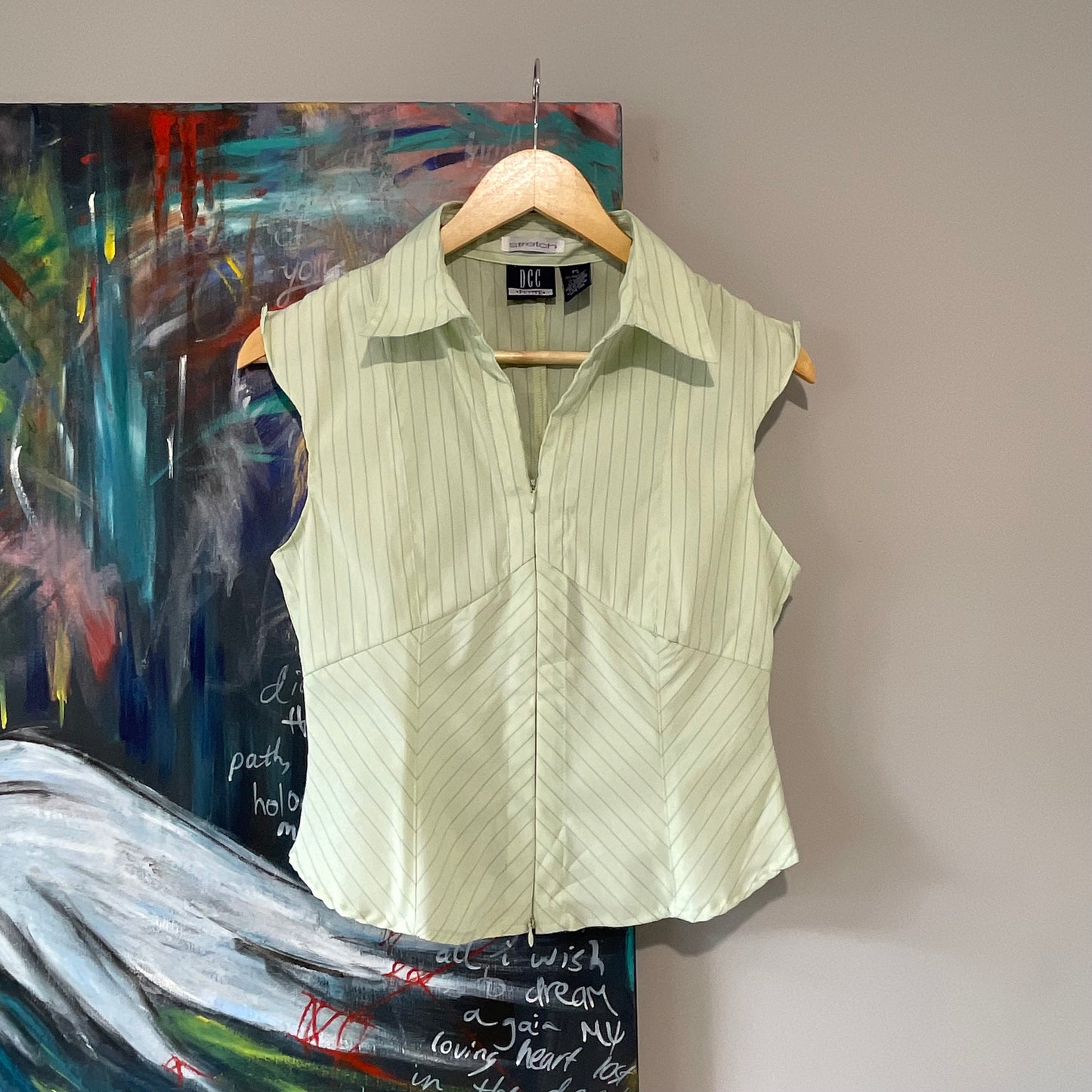 VINTAGE 90s CLASSIC PIN-STRIP FITTED BLOUSE ZIP DETAIL IN STUNNING GREEN