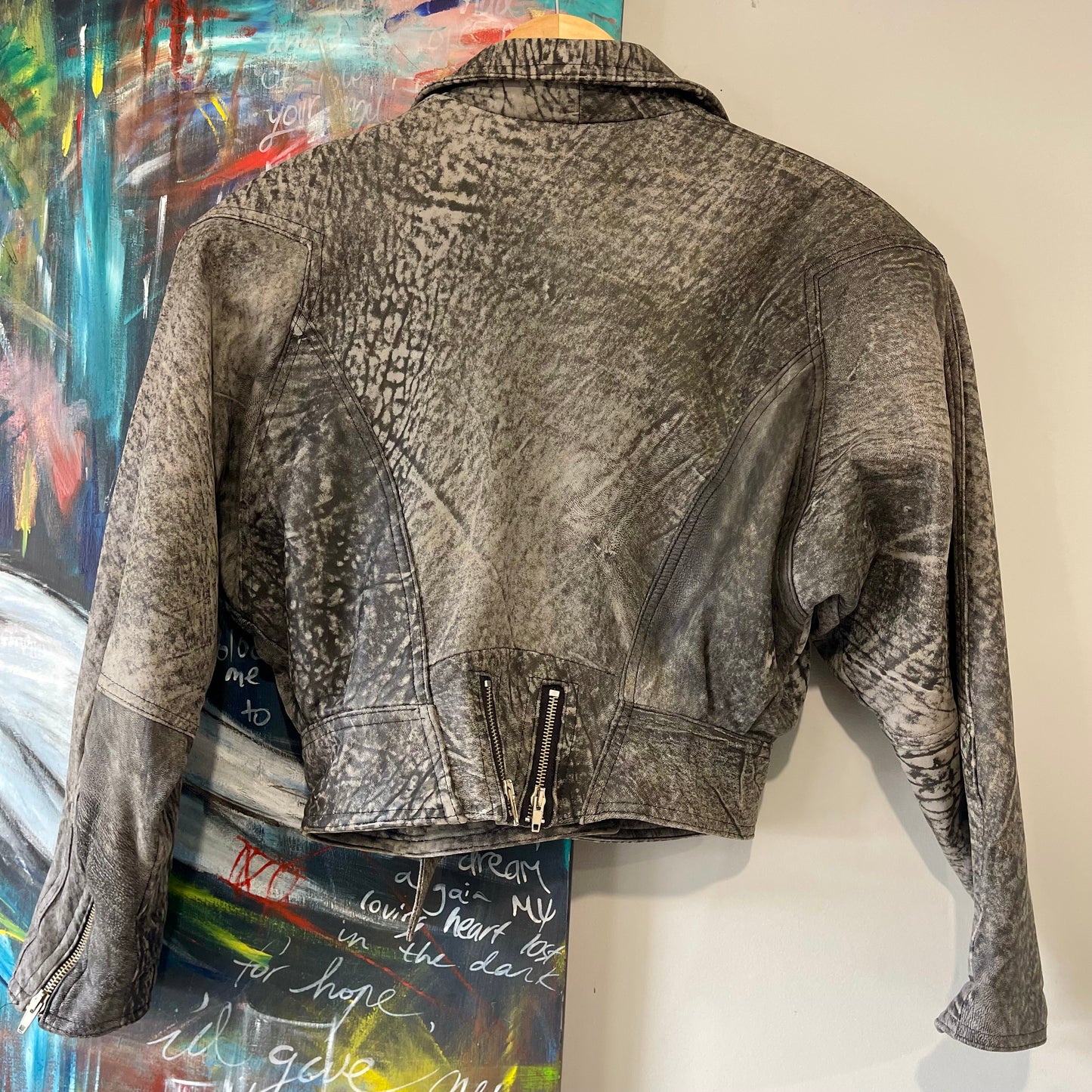 VINTAGE 80S GREY CROPPED LEATHER JACKET