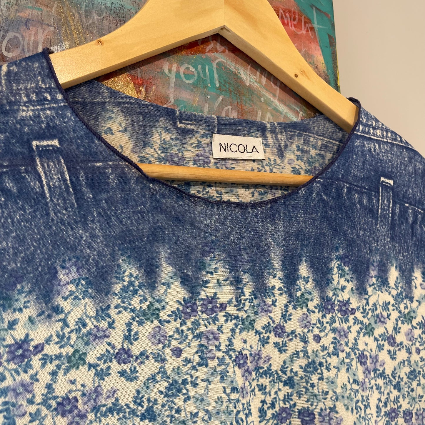 VINTAGE Y2K DENIM FLORAL PATCHWORK PRINT LONG SLEEVE TOP
