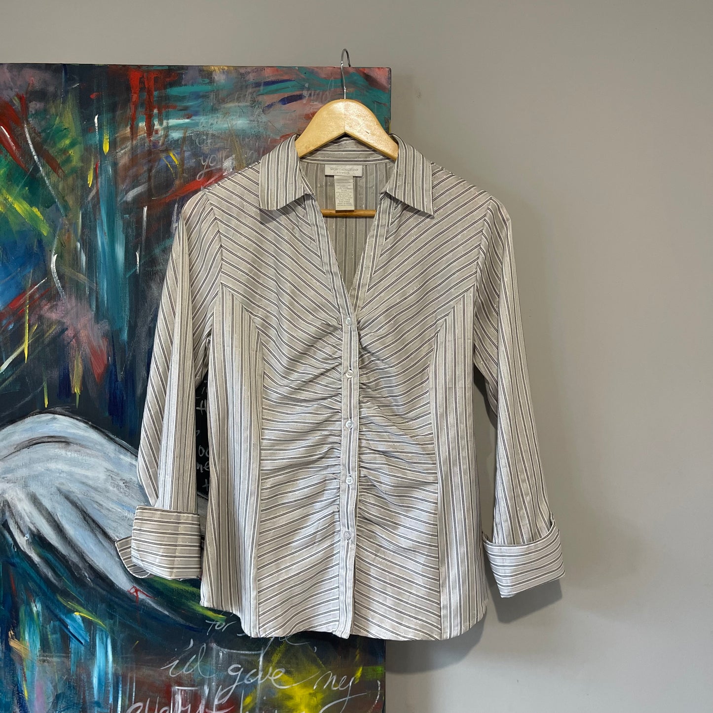 VINTAGE 90s METALIC PINSTEIP LONG SLEEVE ROUGH DETAIL BUTTON UP