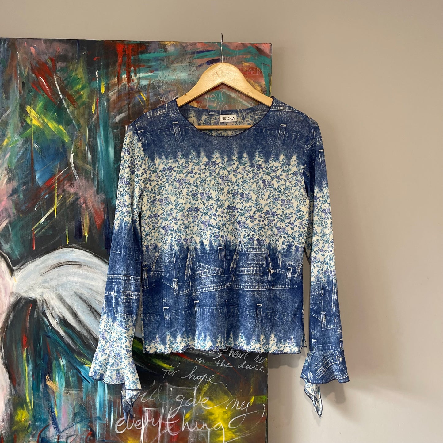 VINTAGE Y2K DENIM FLORAL PATCHWORK PRINT LONG SLEEVE TOP