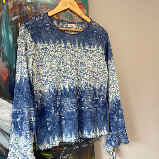 VINTAGE Y2K DENIM FLORAL PATCHWORK PRINT LONG SLEEVE TOP
