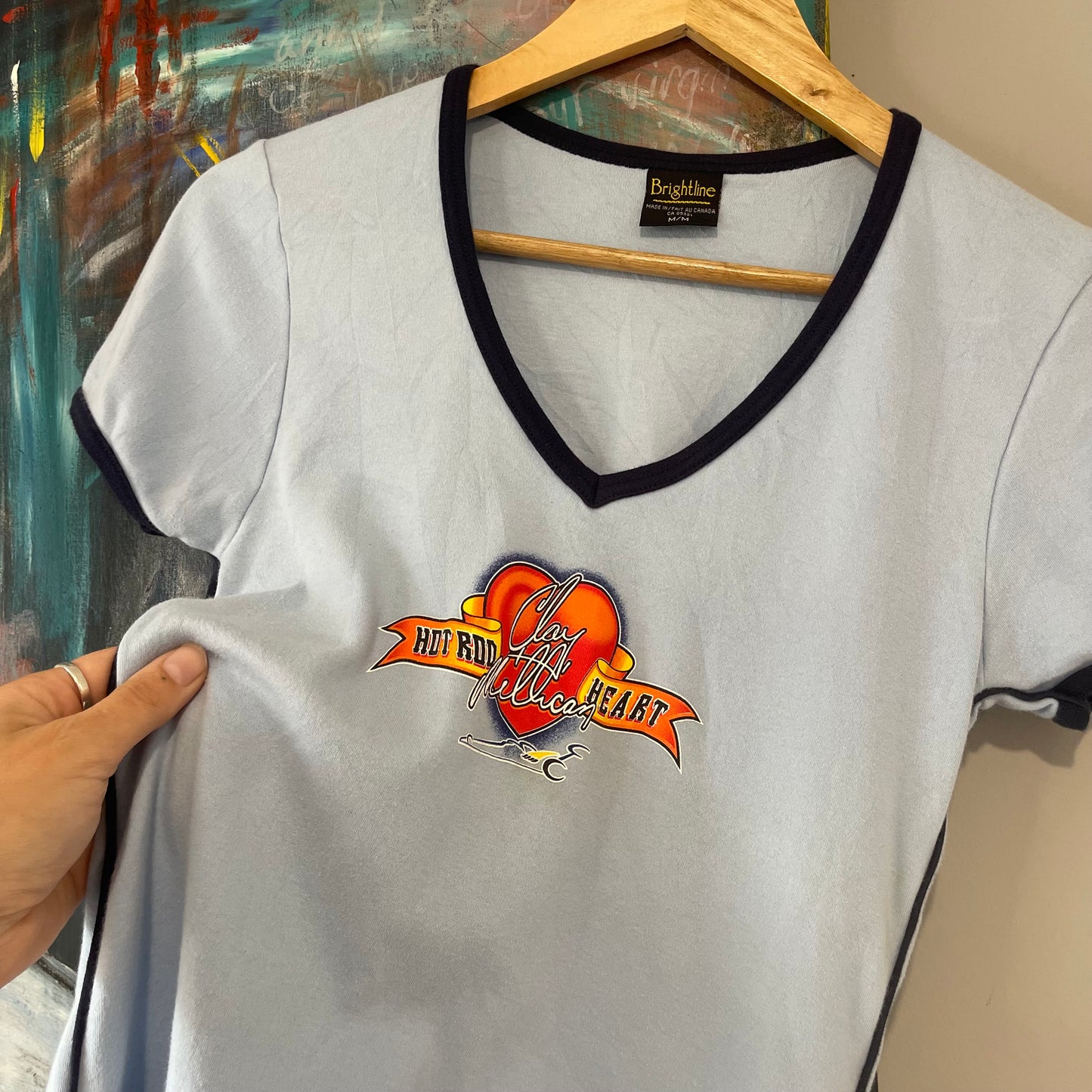 VINTAGE Y2K HOT ROD HEART CLAY MILLICAN VNECK LADIES TEE