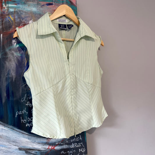 VINTAGE 90s CLASSIC PIN-STRIP FITTED BLOUSE ZIP DETAIL IN STUNNING GREEN