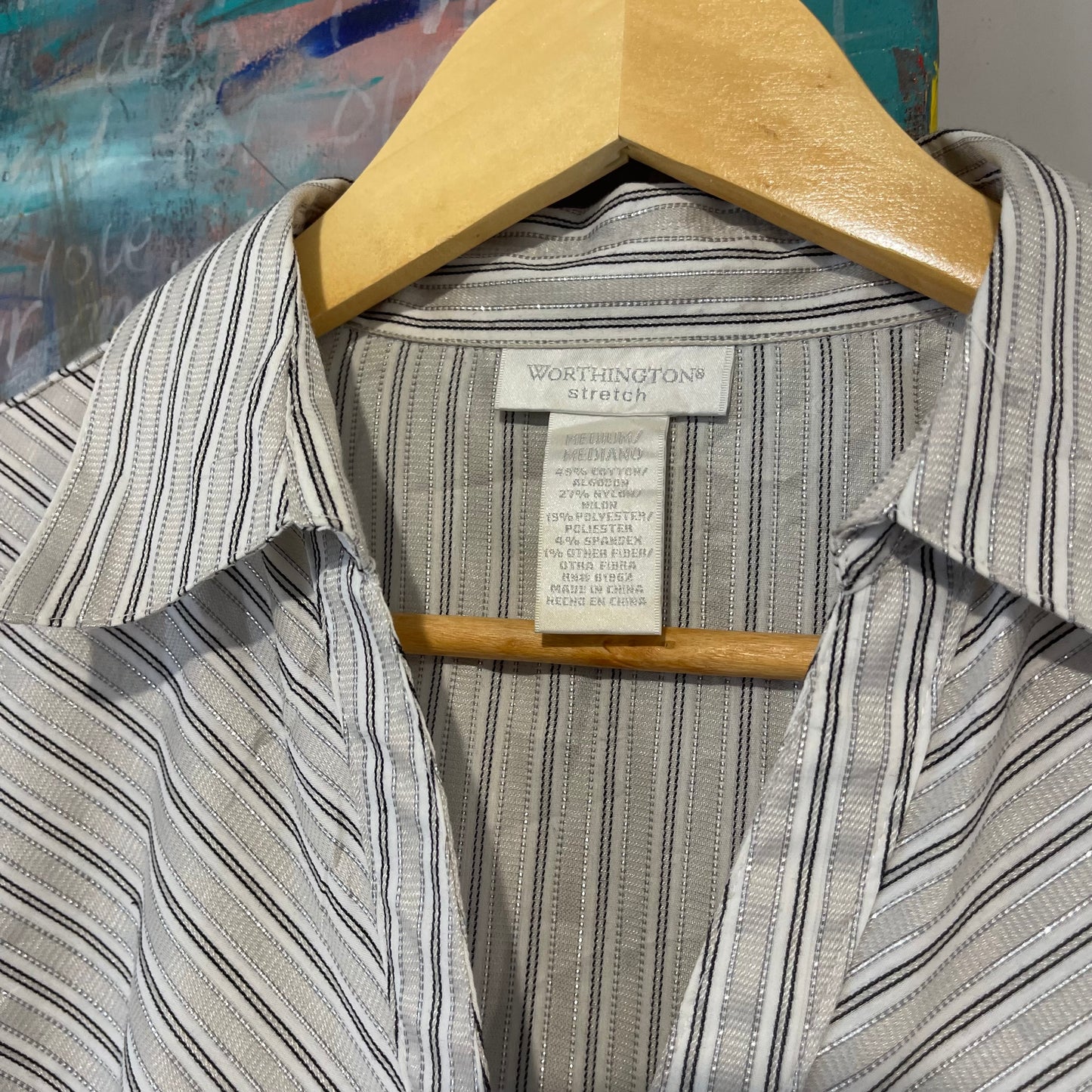 VINTAGE 90s METALIC PINSTEIP LONG SLEEVE ROUGH DETAIL BUTTON UP