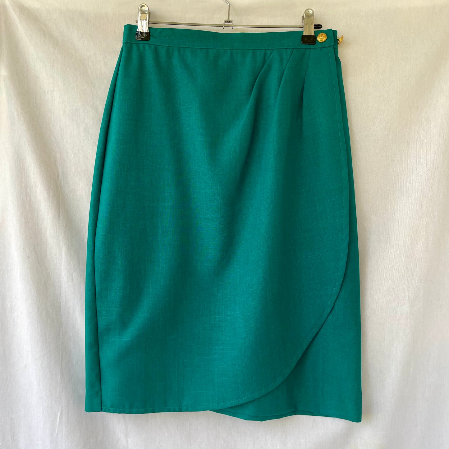 VINTAGE 80S TEAL GREEN HIGHWAIST WRAP STYLE MIDI SKIRT