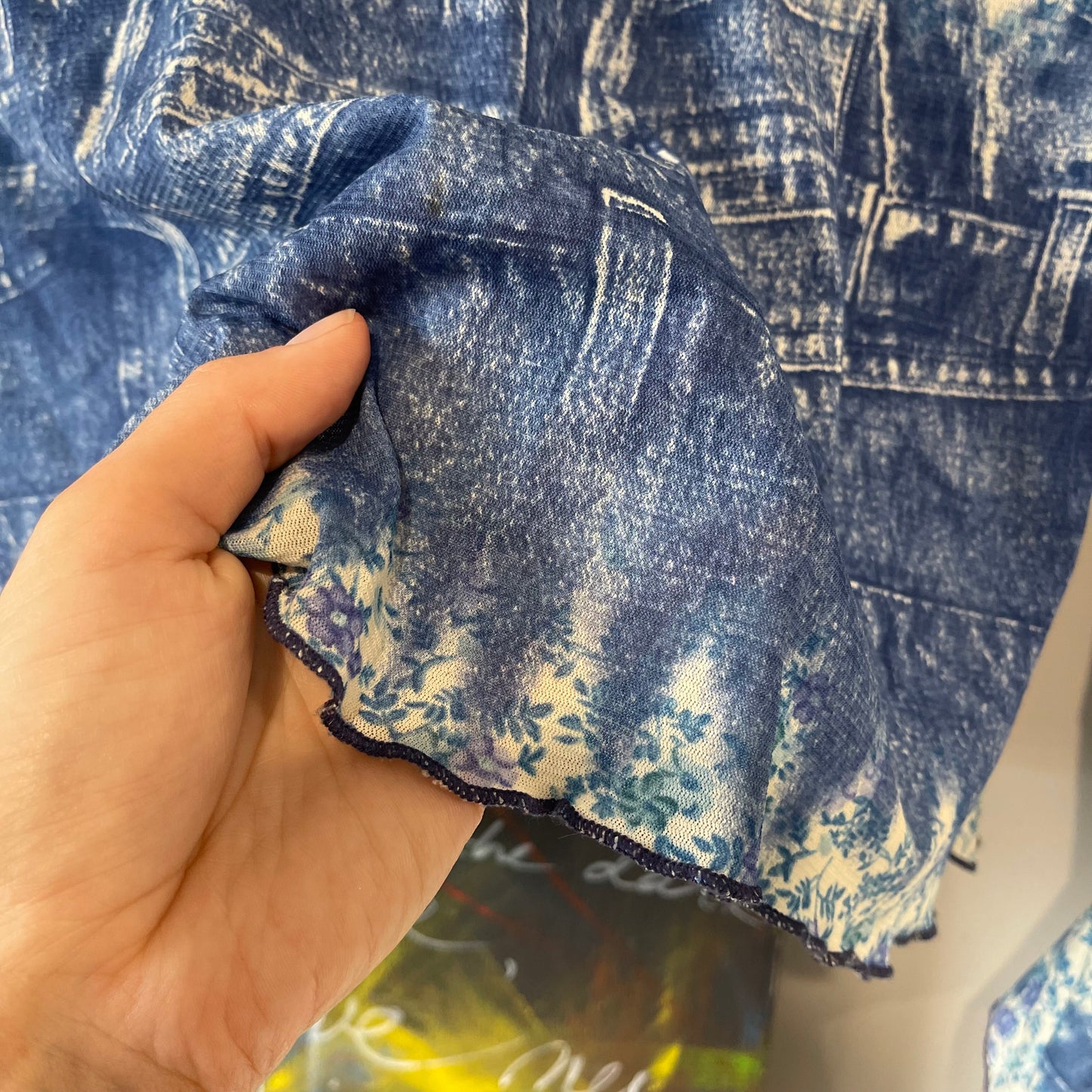 VINTAGE Y2K DENIM FLORAL PATCHWORK PRINT LONG SLEEVE TOP