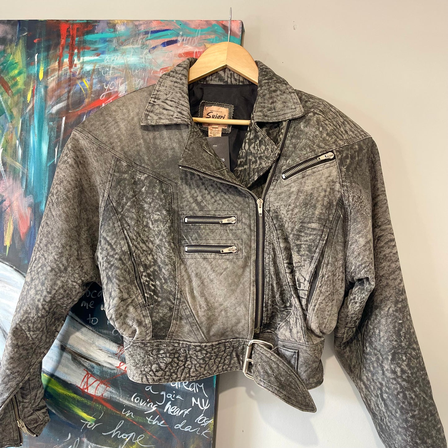 VINTAGE 80S GREY CROPPED LEATHER JACKET