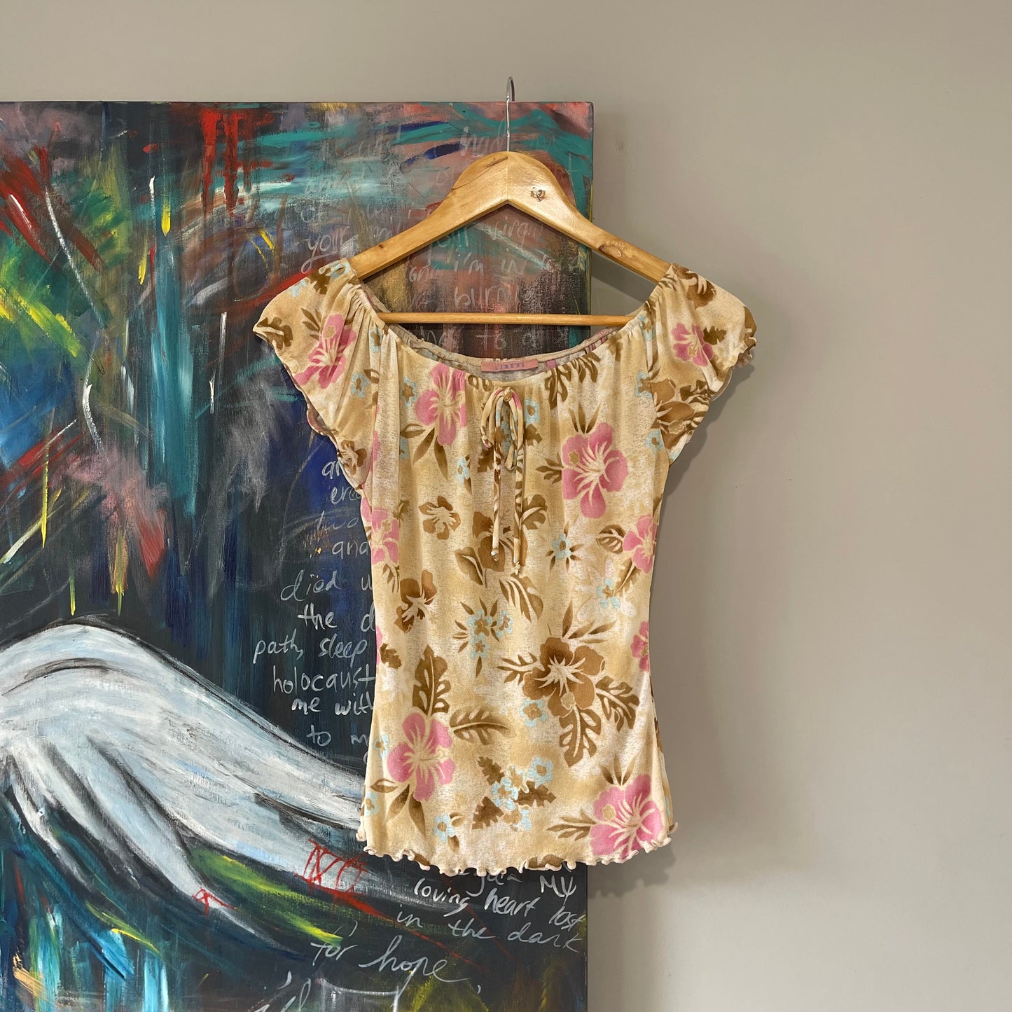 VINTAGE Y2K CARAMEL PINK FLORAL HIBISCUS NECKLINE