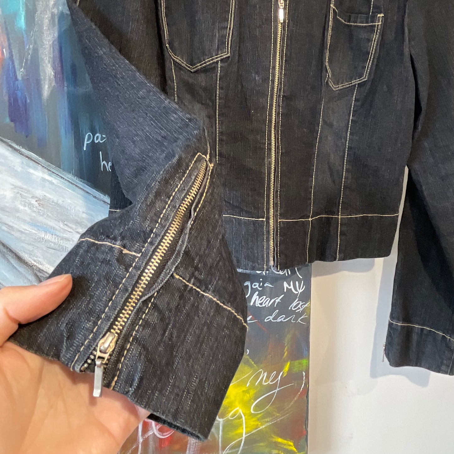 VINTAGE 90s ANCHOR BLUE DARK DENIN FITTED ZIP JACKET