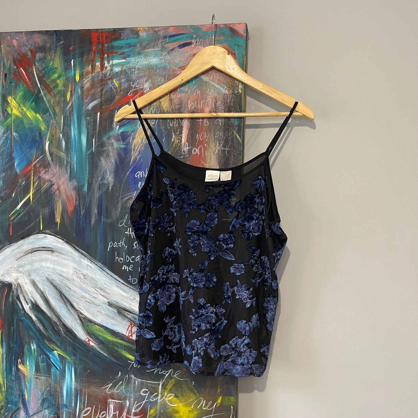 VINTAGE 90s SHEER BLACK CAMI WITH VELVET FLORAL METALIC FLOWERS