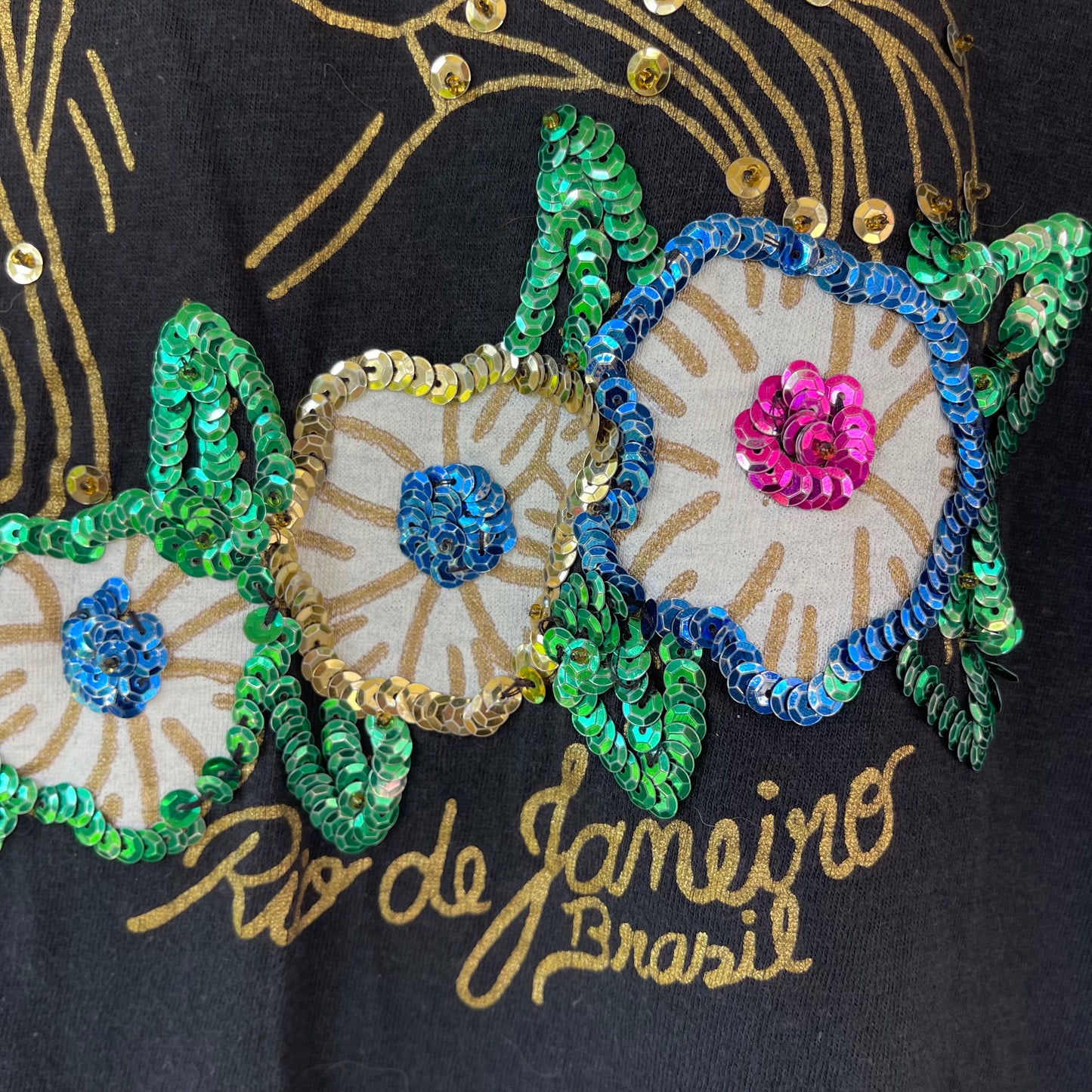 RARE VINTAGE 1970s SEQUIN RIO DE JANEIRO BRAZIL BLACK TSHIRT