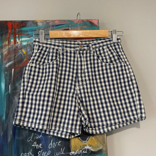 VINTAGE 90s HIGHWAIST SHORTS BLUE CHECK DENIM