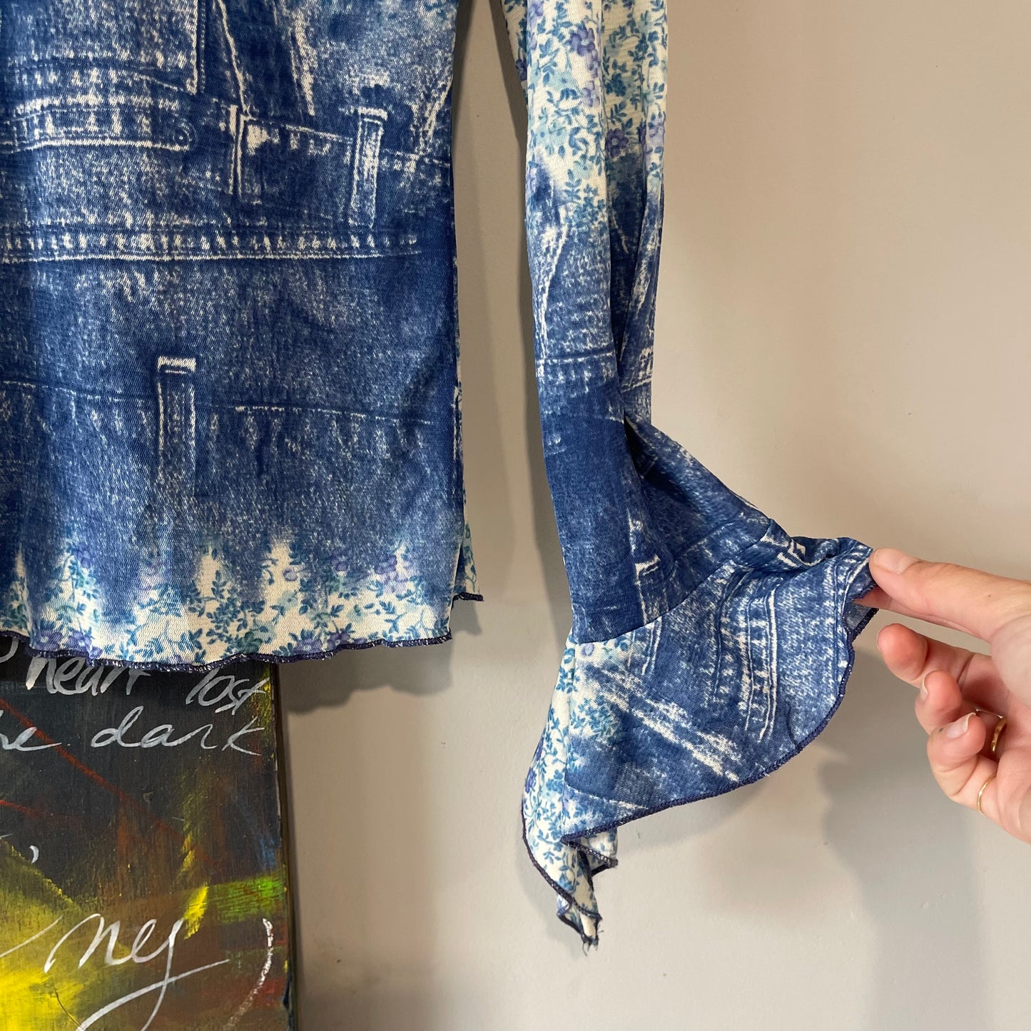 VINTAGE Y2K DENIM FLORAL PATCHWORK PRINT LONG SLEEVE TOP