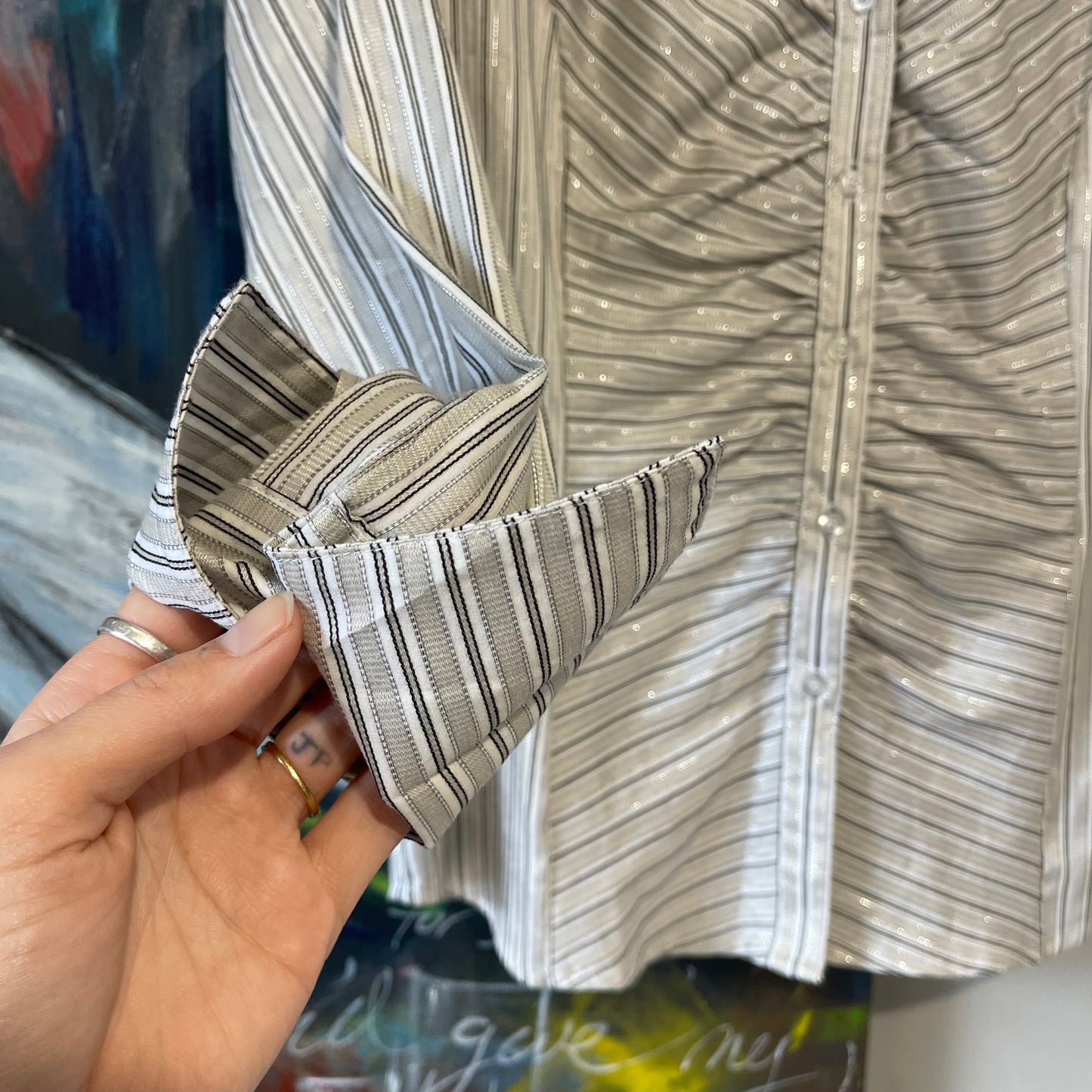 VINTAGE 90s METALIC PINSTEIP LONG SLEEVE ROUGH DETAIL BUTTON UP