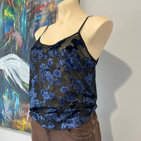 VINTAGE 90s SHEER BLACK CAMI WITH VELVET FLORAL METALIC FLOWERS