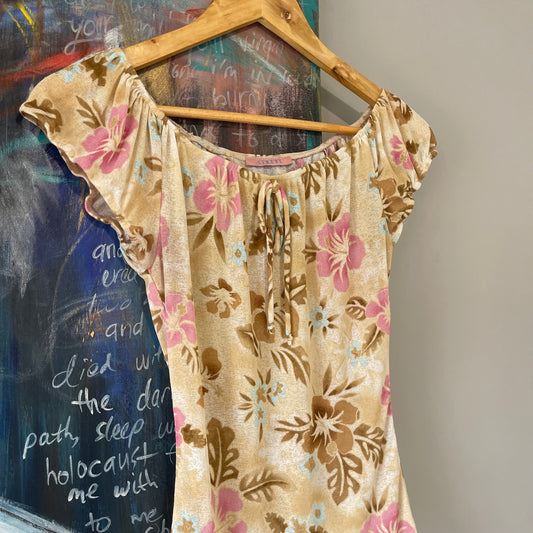 VINTAGE Y2K CARAMEL PINK FLORAL HIBISCUS NECKLINE