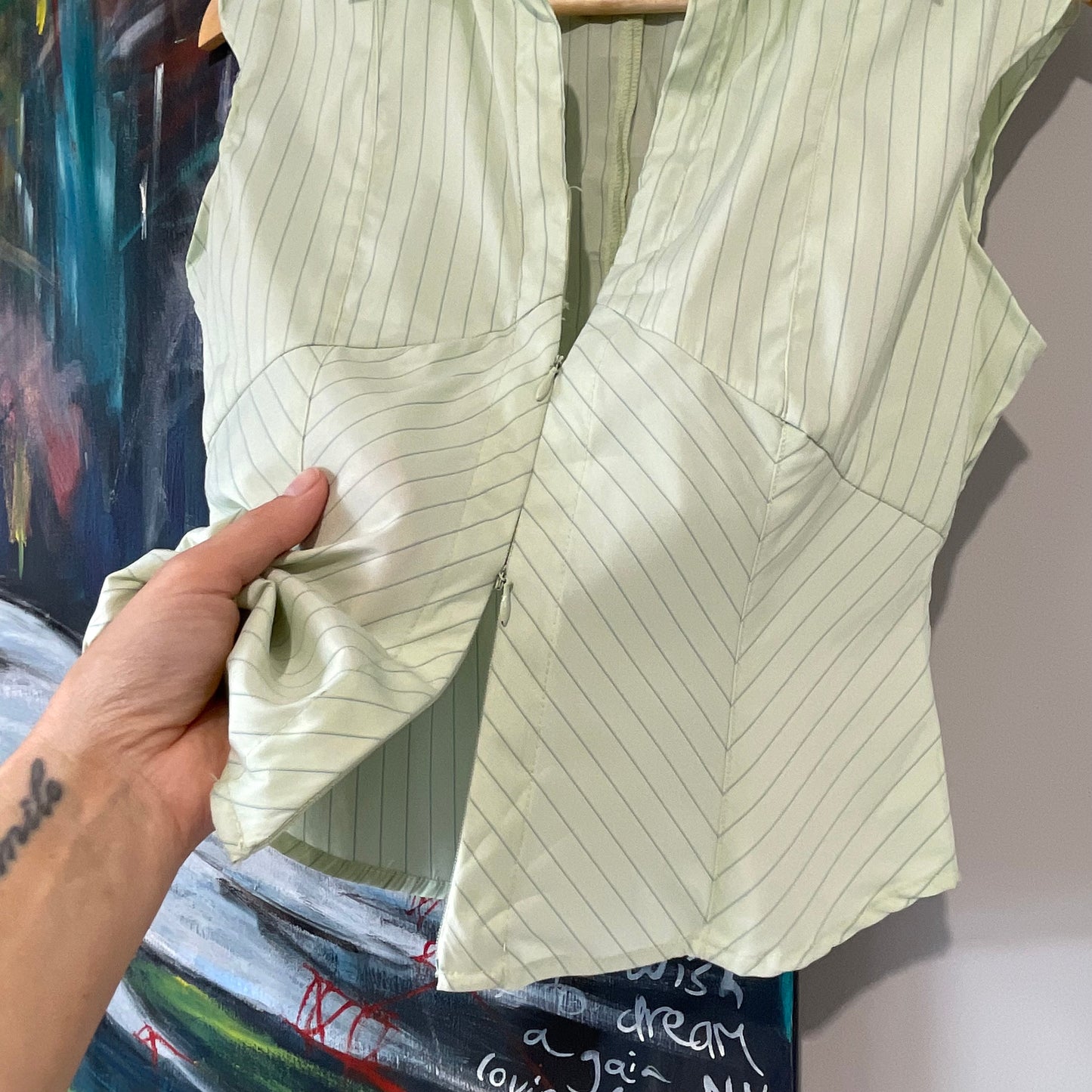 VINTAGE 90s CLASSIC PIN-STRIP FITTED BLOUSE ZIP DETAIL IN STUNNING GREEN