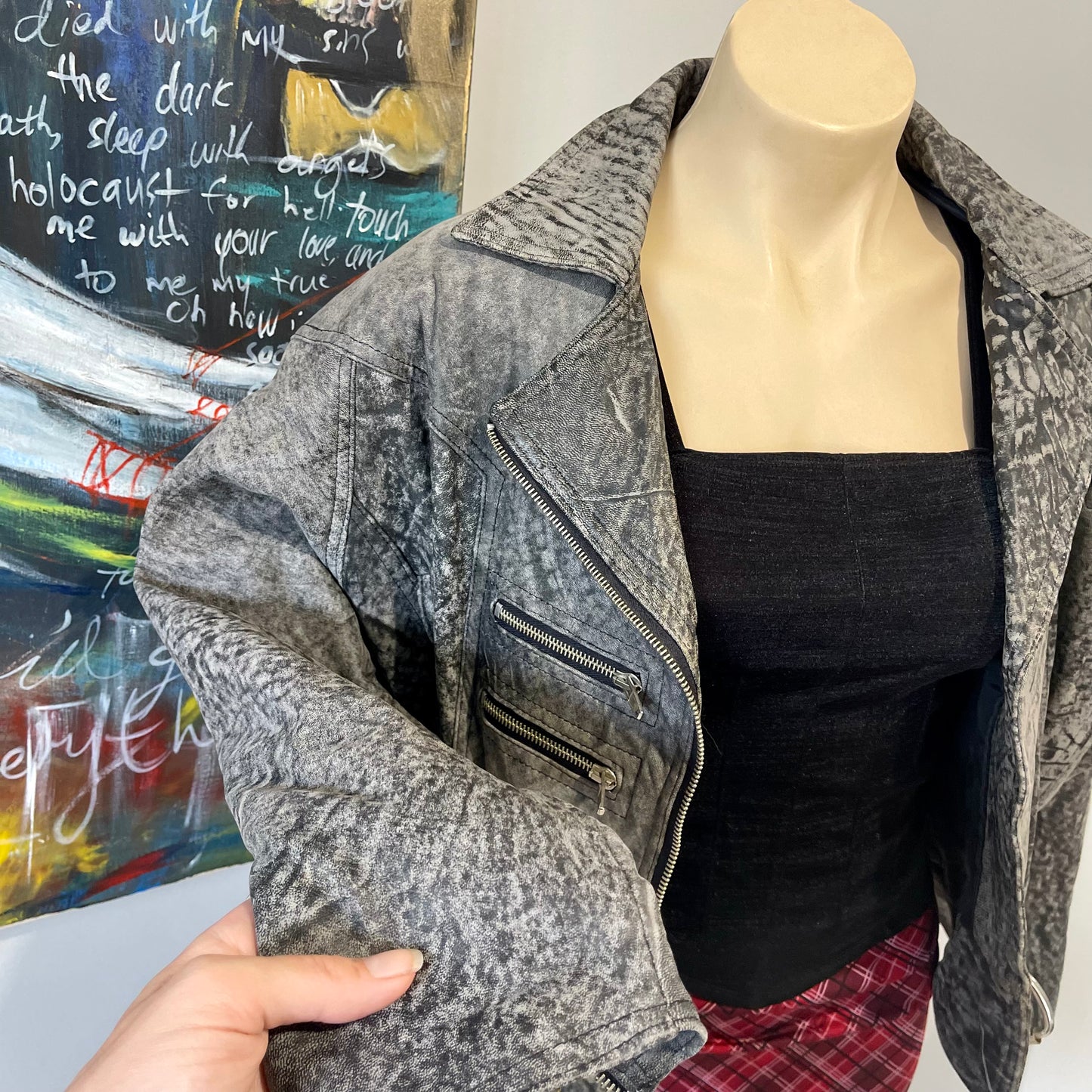 VINTAGE 80S GREY CROPPED LEATHER JACKET