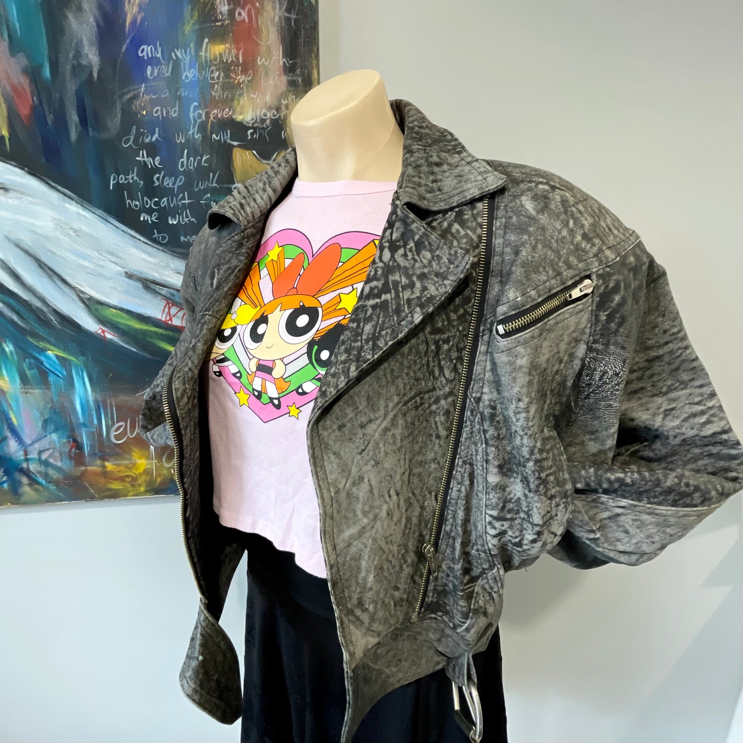 VINTAGE 80S GREY CROPPED LEATHER JACKET