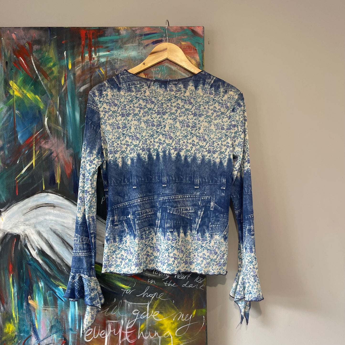 VINTAGE Y2K DENIM FLORAL PATCHWORK PRINT LONG SLEEVE TOP