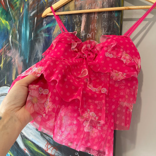 VINTAGE Y2K VICTORIA SECRETS SEXY LITTLE THINGS PINK FLORAL RUFFLE BABY DOLL TOP WITH BRA PADDING