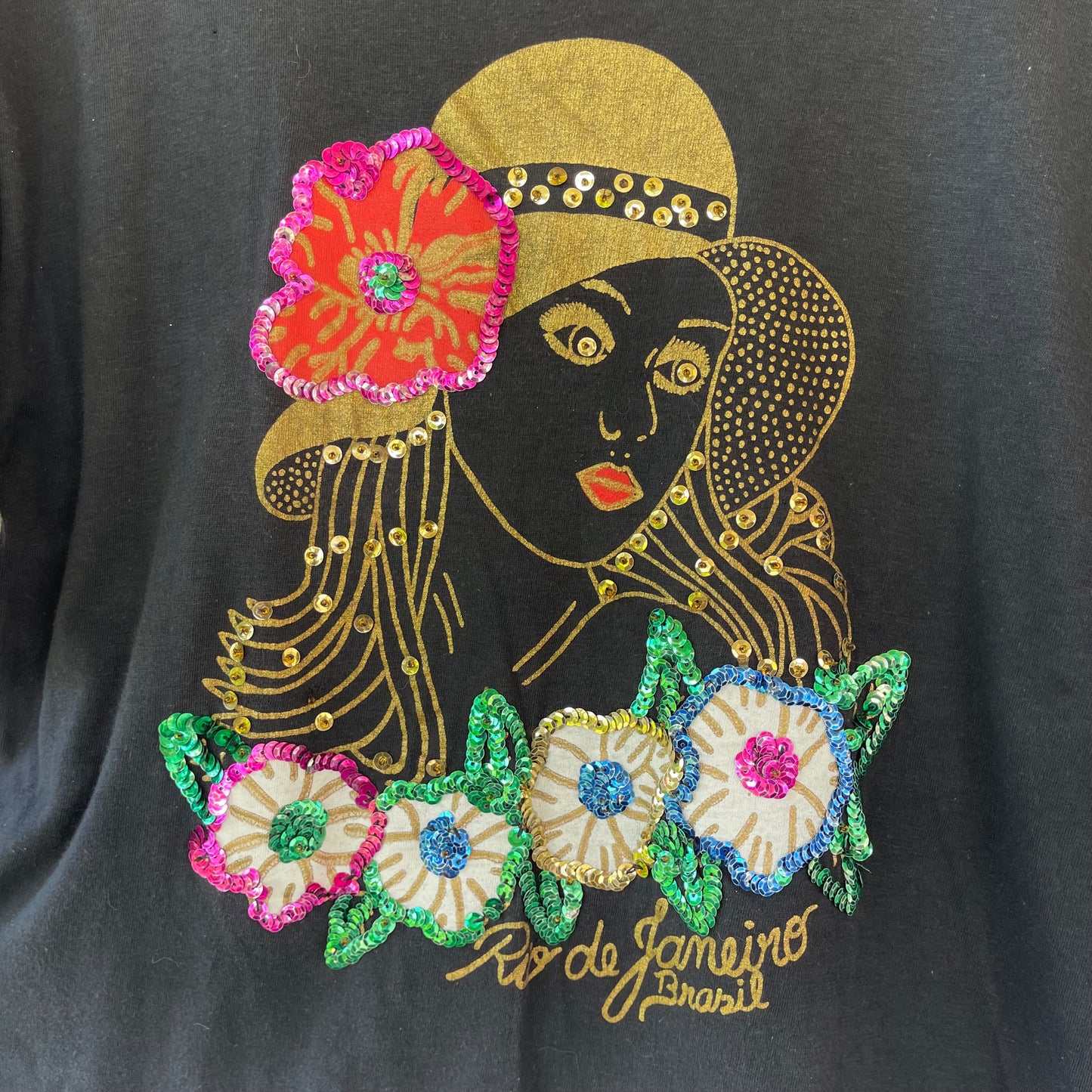 RARE VINTAGE 1970s SEQUIN RIO DE JANEIRO BRAZIL BLACK TSHIRT