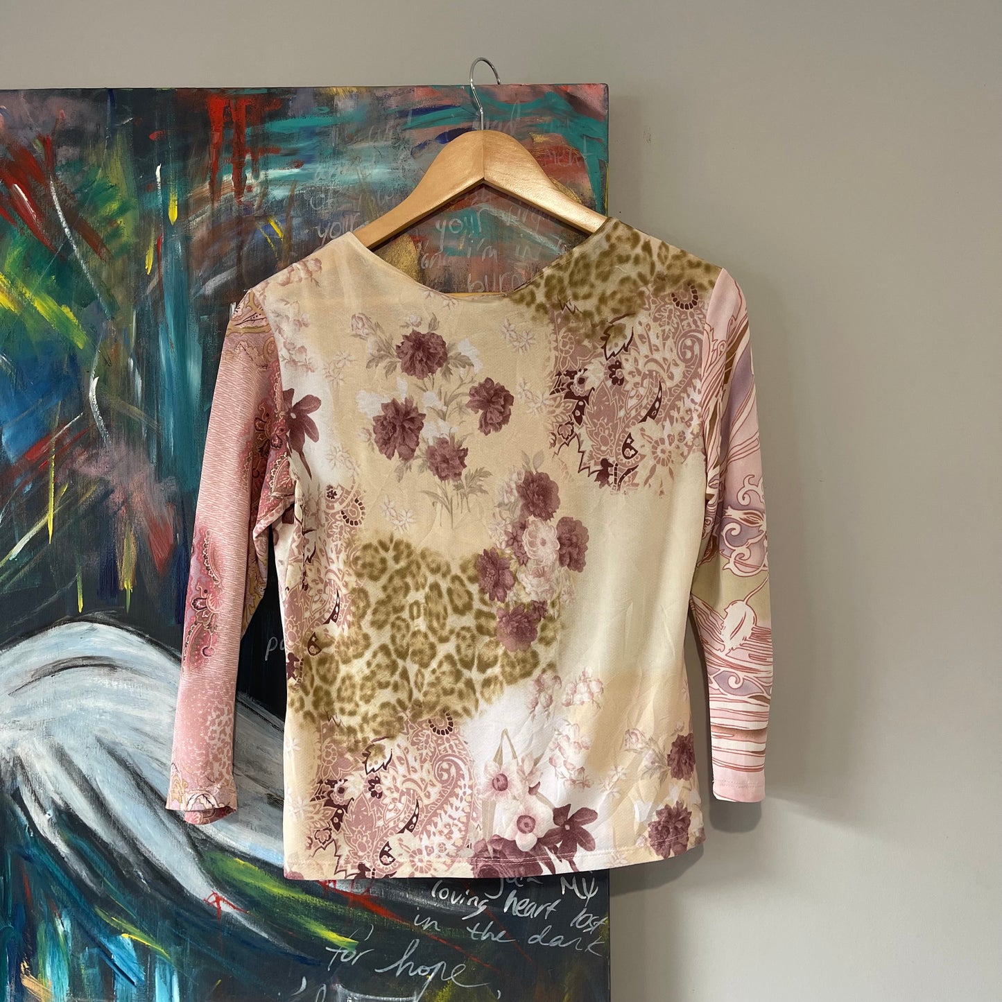 VINTAGE Y2K PINK FLORAL PATCHWORK STYLE LONG SLEEVE TOP