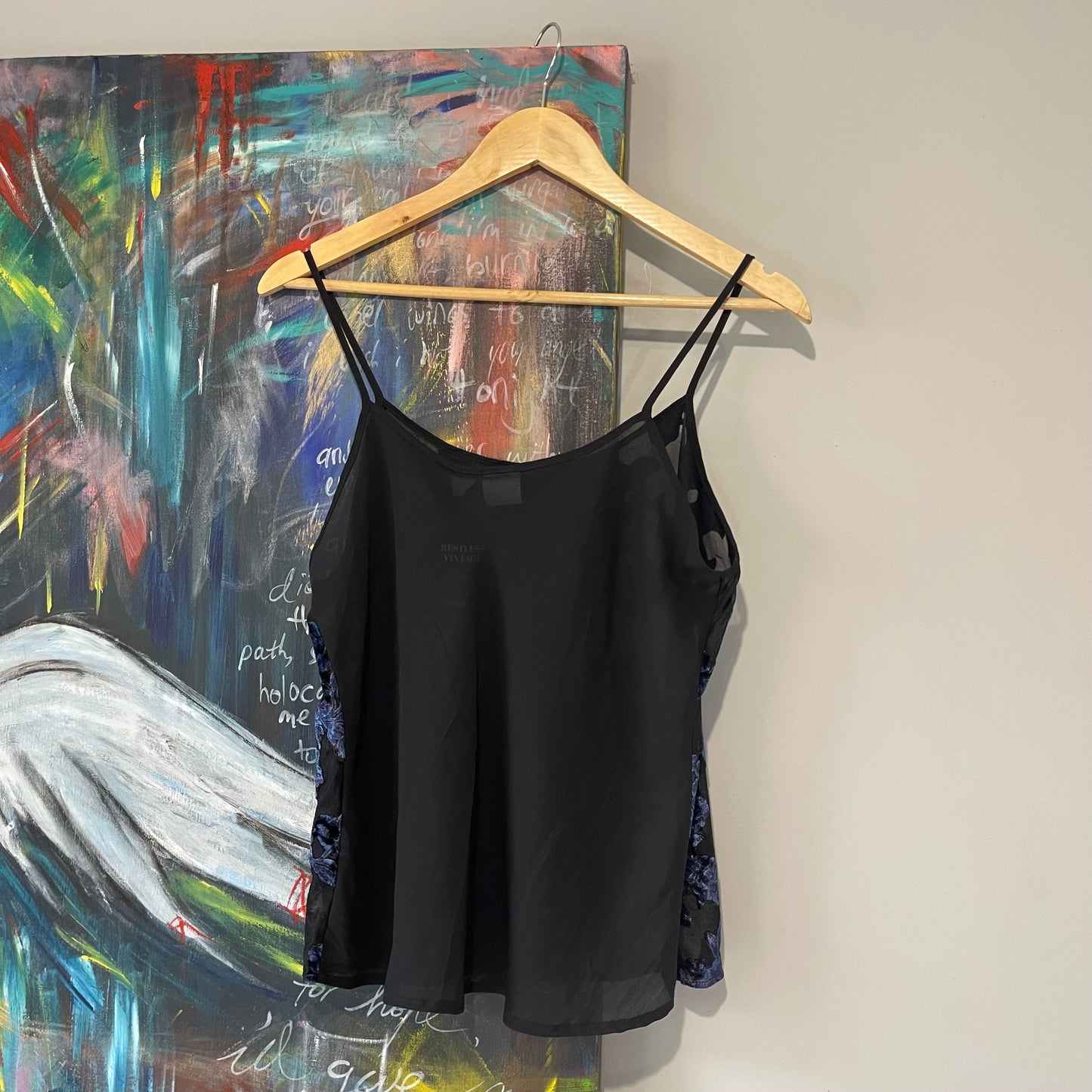 VINTAGE 90s SHEER BLACK CAMI WITH VELVET FLORAL METALIC FLOWERS