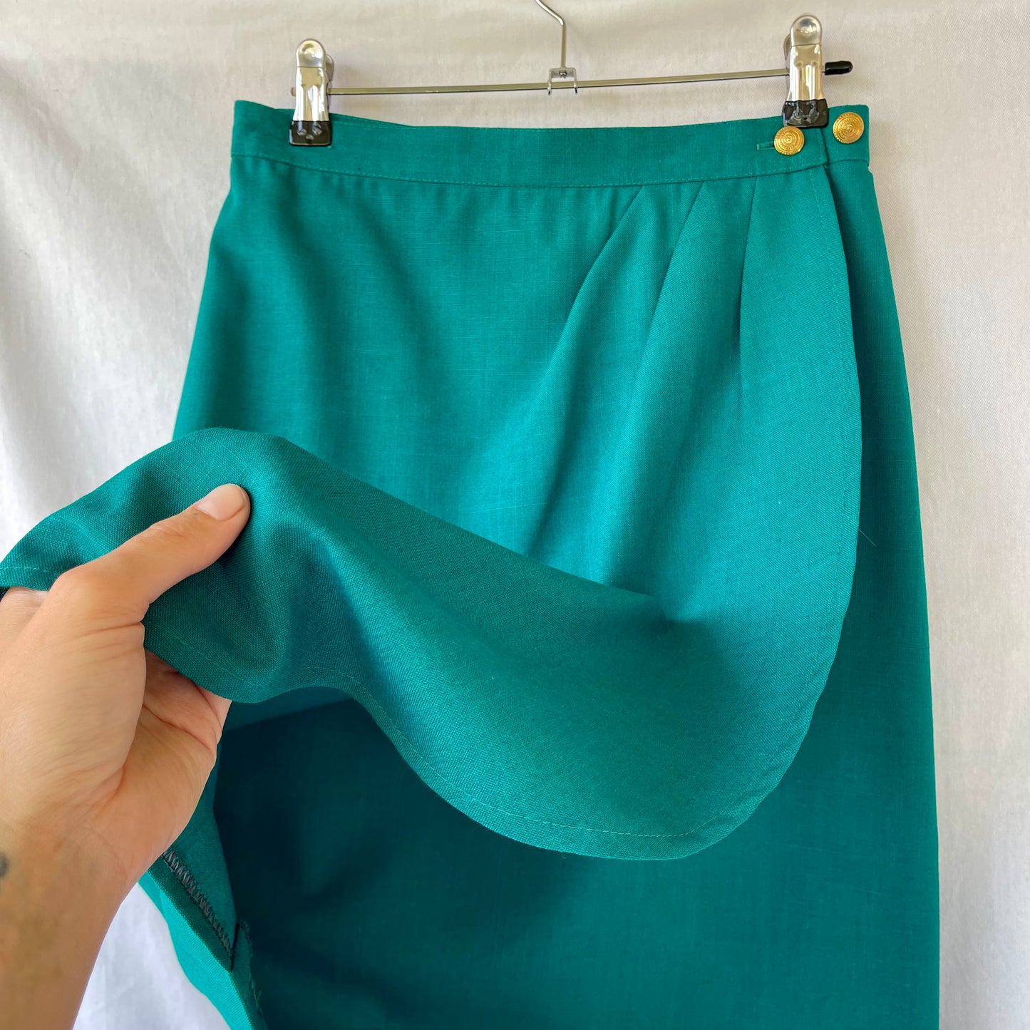 VINTAGE 80S TEAL GREEN HIGHWAIST WRAP STYLE MIDI SKIRT