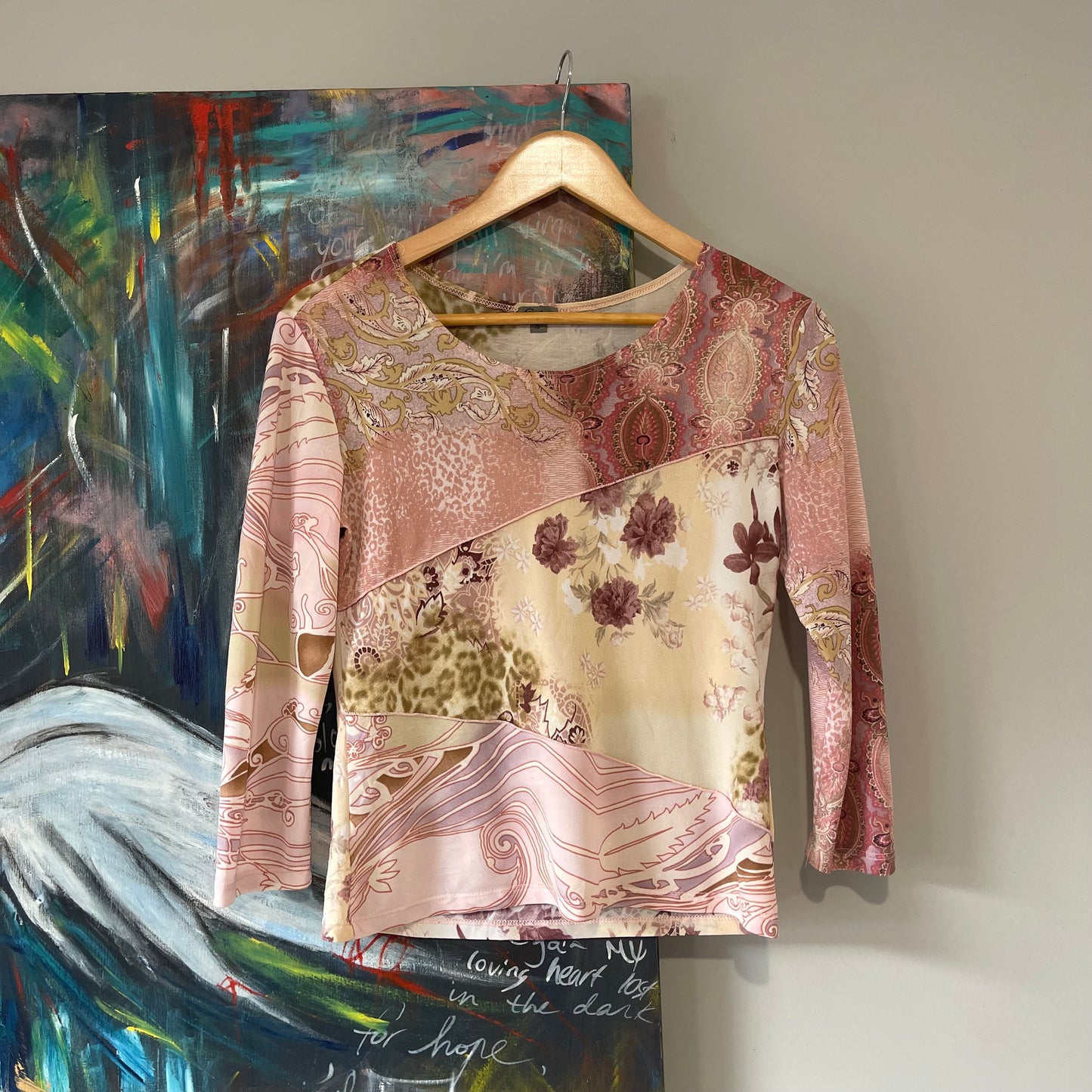 VINTAGE Y2K PINK FLORAL PATCHWORK STYLE LONG SLEEVE TOP